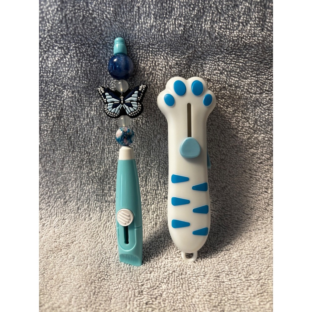 Blue Butterfly Beaded Box Opener and Cat Paw‎ Utility Knife Set 2pc Gifting Item